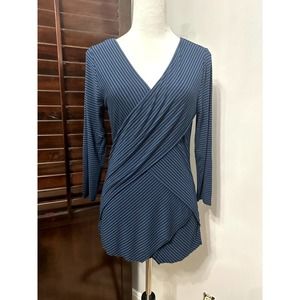 Vince Camuto Womens Tunic Top Blue Black Stripe Long Sleeve V Neck Stretch M